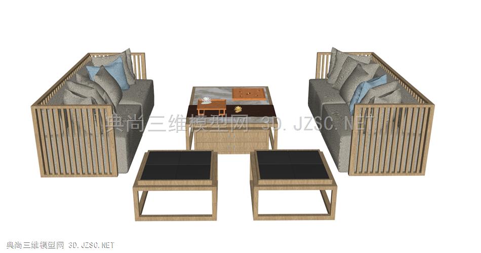 新中式沙发茶几，摆件，布料， 
