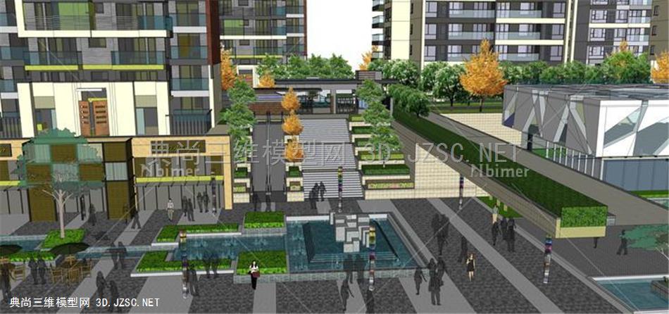  居住区景观 SU模型 场景构件 住宅设计 高层住宅 现代风格 商业街 景观设计 水景 SketchUp模型