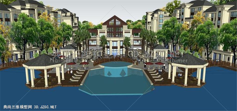  居住区景观 SU模型 场景模型 住宅设计 高层住宅 欧式风格 景观设计 水景,小品 SketchUp模型 小区