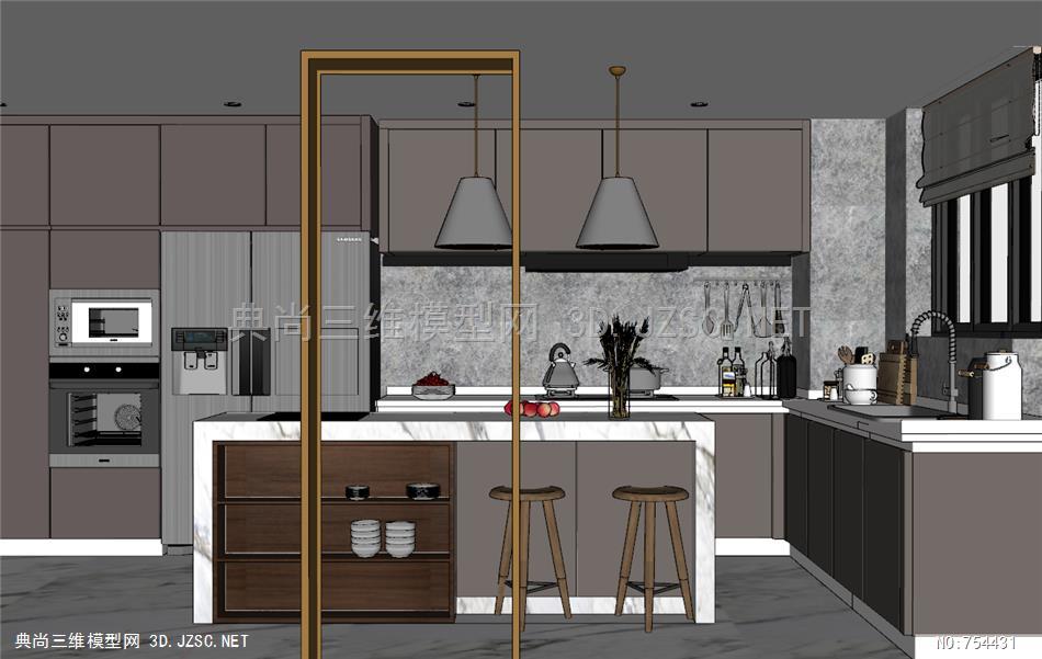 215现代厨房橱柜中岛柜SU模型