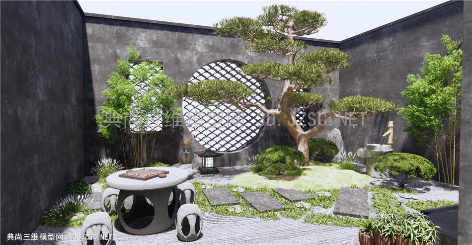 新中式庭院景观 枯山水景观小品 松树 石桌椅 原创