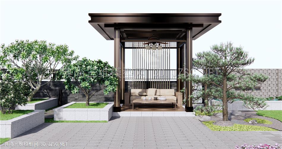 新中式亭子 庭院花园 景观树 原创