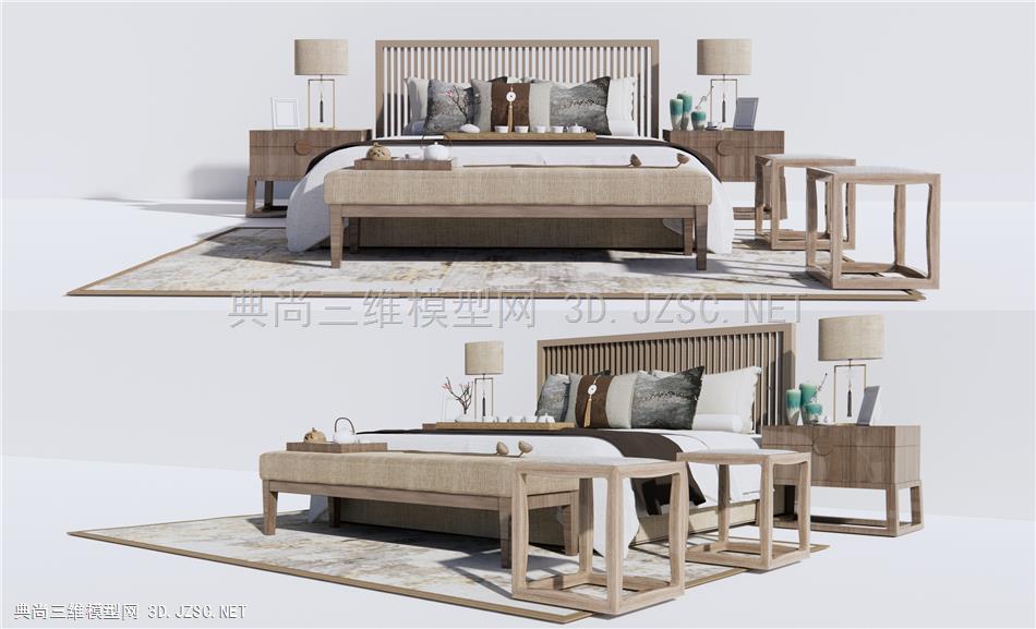 新中式双人床 床尾沙发凳 休闲方凳 原创