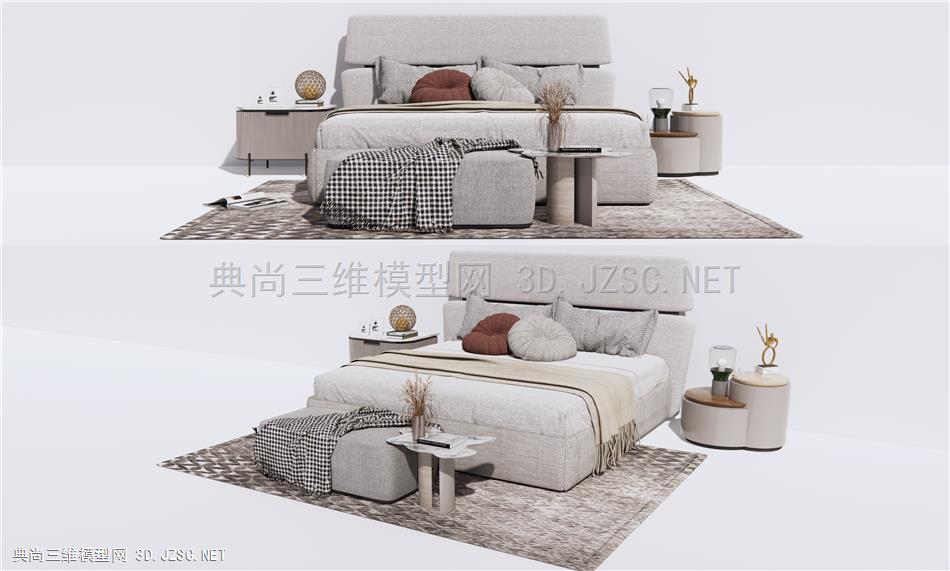 现代布艺双人床 床头柜子 边几 地毯 原创