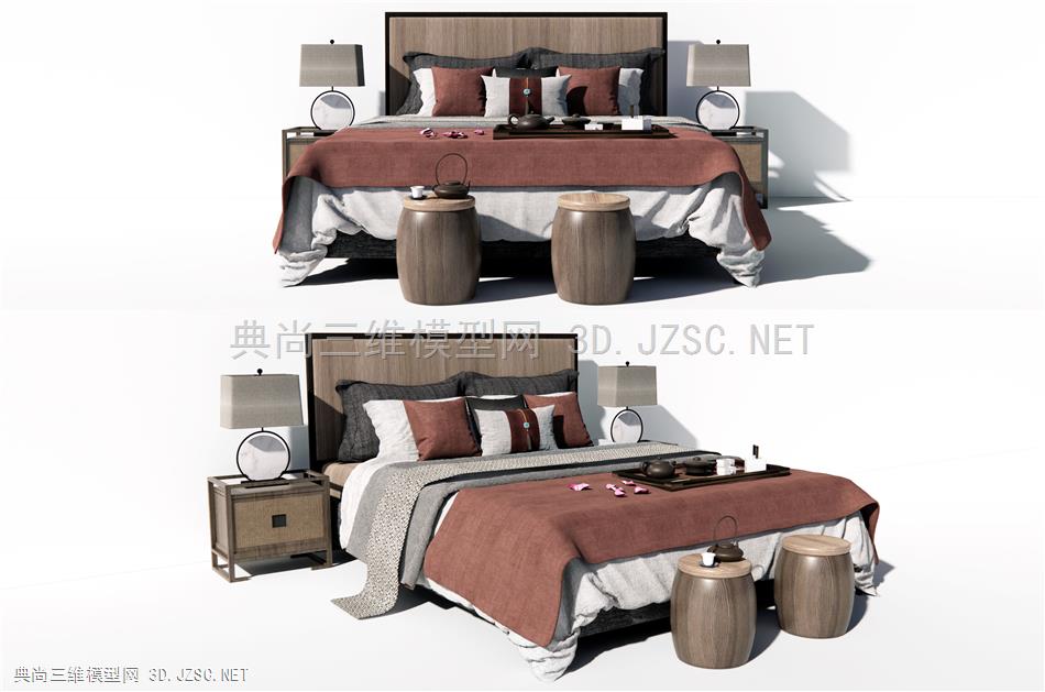 新中式双人床 茶具摆件 原创