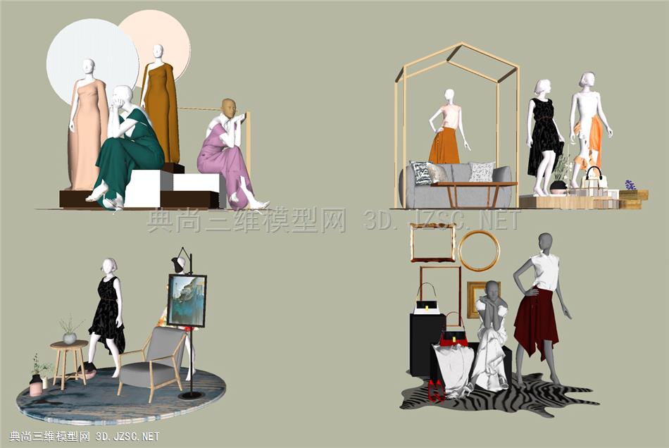 现代服装店橱窗展柜 人物模特 女装衣服  饰品摆件