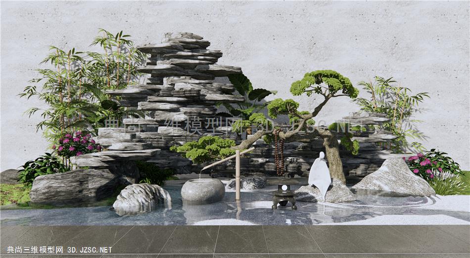 新中式假山水景 景观松树 石头 庭院景观 原创