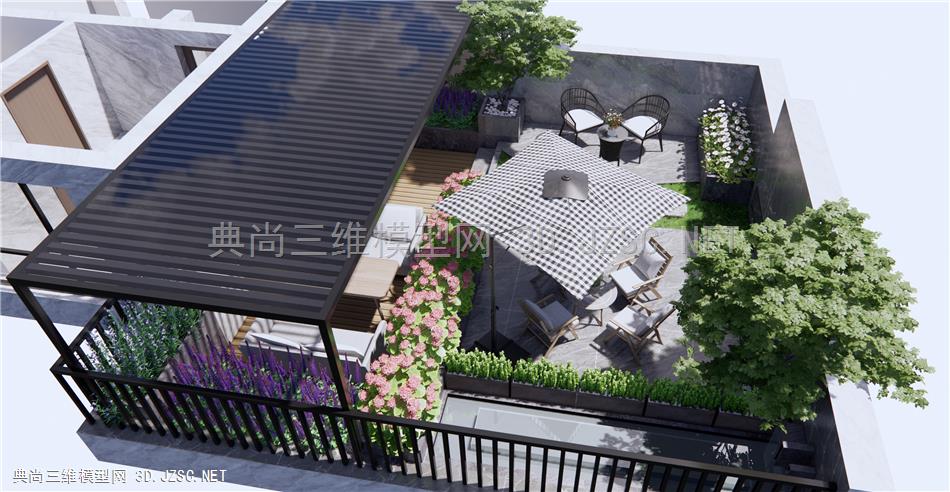 现代屋顶花园 露台户外庭院景观 绿植盆栽花草 户外沙发休闲桌椅 原创