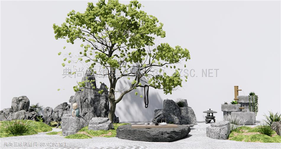 新中式枯山石庭院花园 石头假山景观小品 景观树 原创