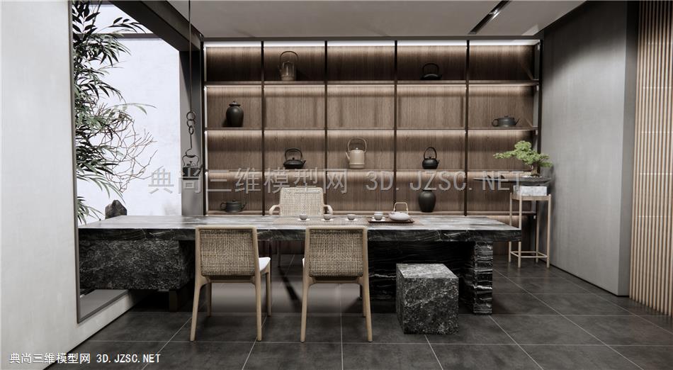 新中式茶室 茶桌椅 竹子石头景观小品 原创