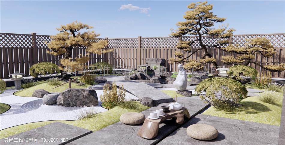 日式枯山水庭院花园 假山水景 石头 景观树 茶台 原创