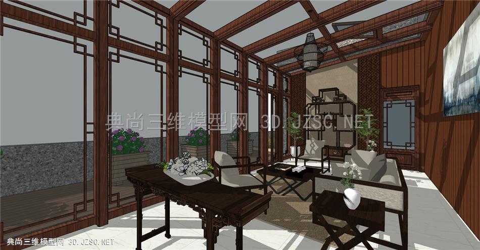 中式茶室 阳光房 茶台椅 展示架