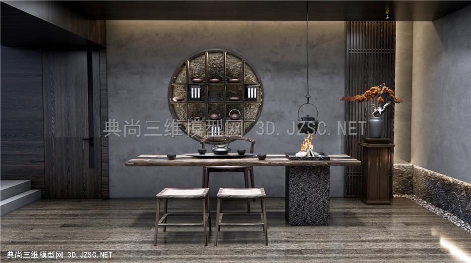 新中式禅意茶室 茶桌椅 盆栽盆景 茶具摆件 原创