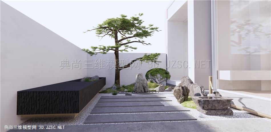 新中式禅意庭院花园 枯山水 石头 假山 景观树 景观小品 原创