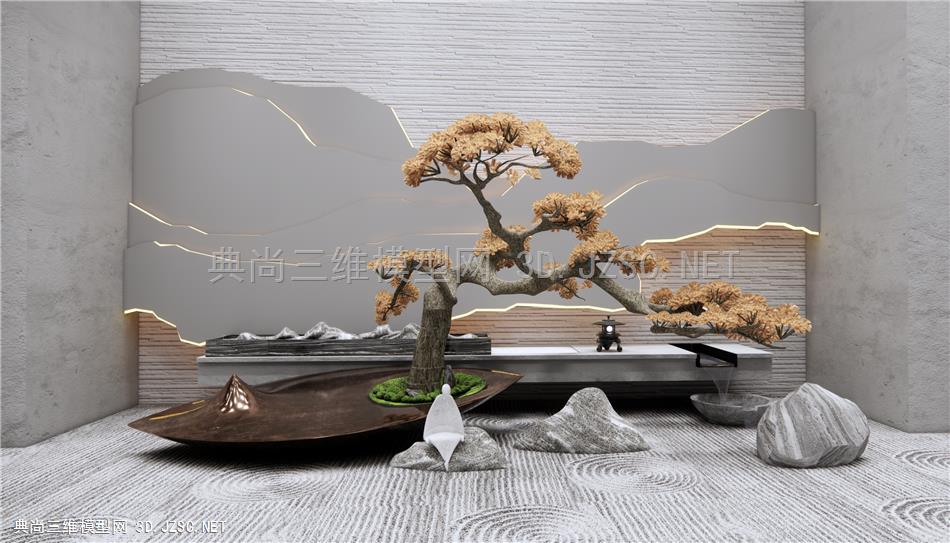 新中式雕塑水景景观小品 枯山石庭院景观 景墙水景 迎客松 原创