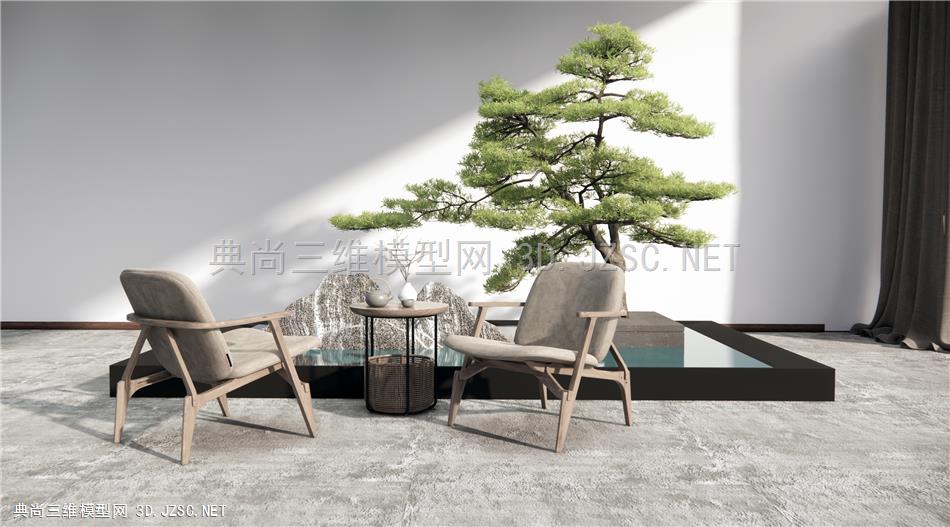 新中式休闲桌椅 庭院景观小品 泰山石松树