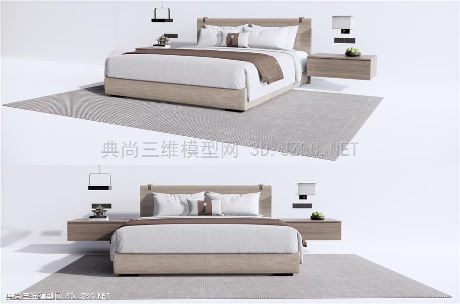 新中式双人床 禅意双人床 床头柜 床头吊灯 原创