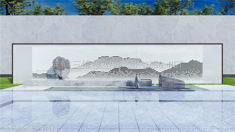 新中式景墙围墙 水景 雕塑 玻璃景墙