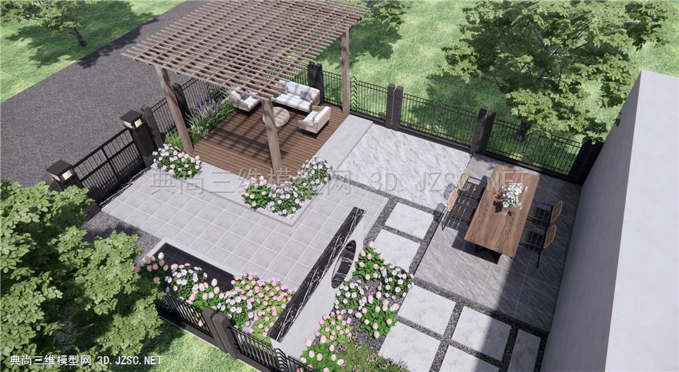 现代庭院花园 花草 草丛 户外桌椅 户外沙发 廊架 水景景墙