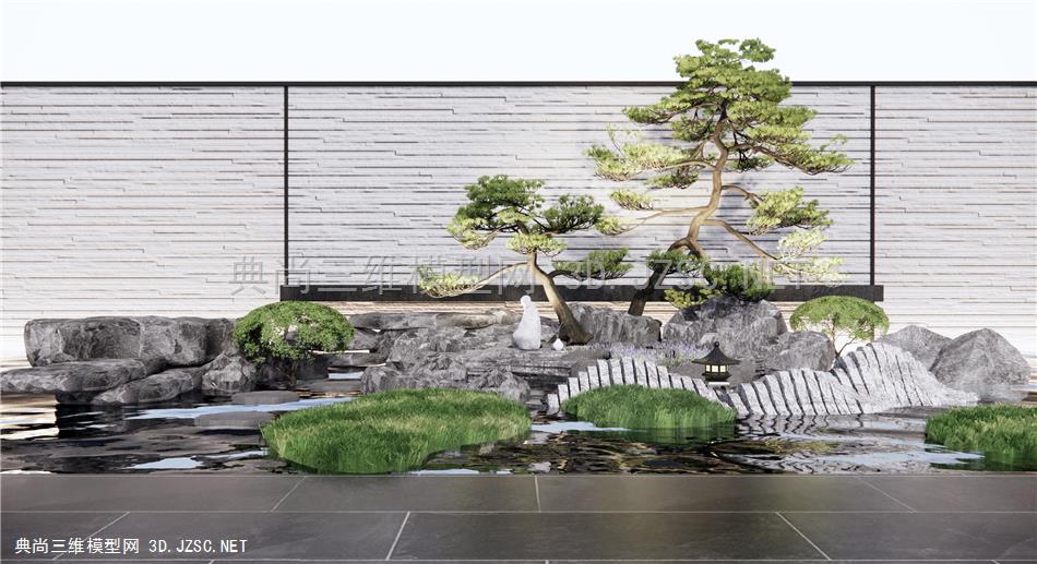 新中式假山水景 景观石头 庭院小品 景墙围墙 松树