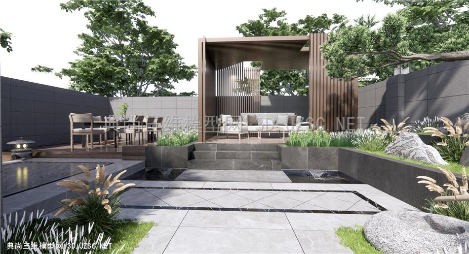 新中式庭院花园景观 户外休闲桌椅 户外沙发 假山石头 亭子 松树 景观树