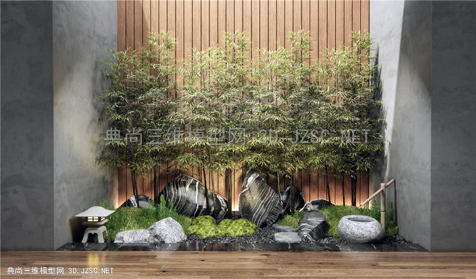 现代庭院景观小品 石头 假山 天井景观 竹子 苔藓