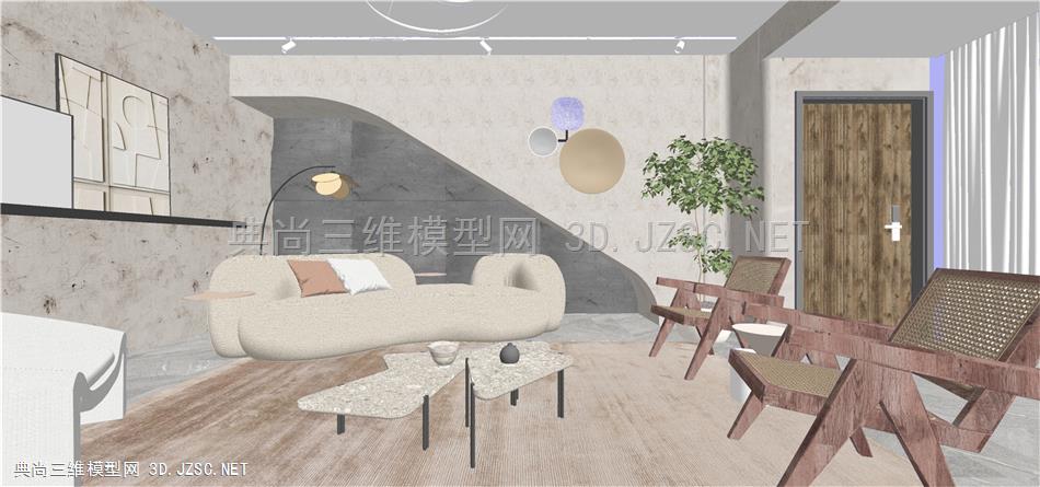 简约风卧室 4 沙发 异形茶几  沙发组合 侘寂风客厅 背景墙 绿植 半圆拱门 挂画 装饰品