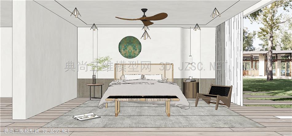 简约风卧室 11  侘寂风卧室 双人床 床头柜 台灯 沙发 植物 地毯 沙发 衣柜