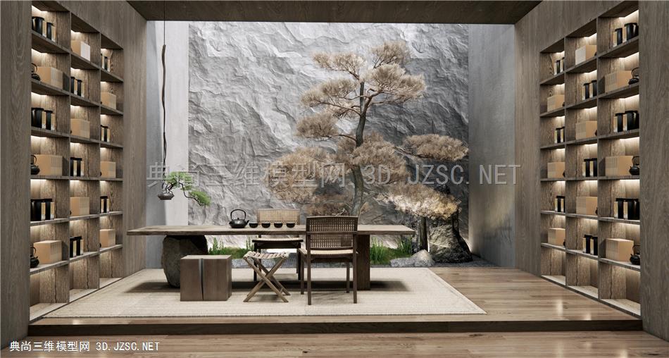 新中式茶室 茶桌椅 书房 玄关庭院小品 枯山石