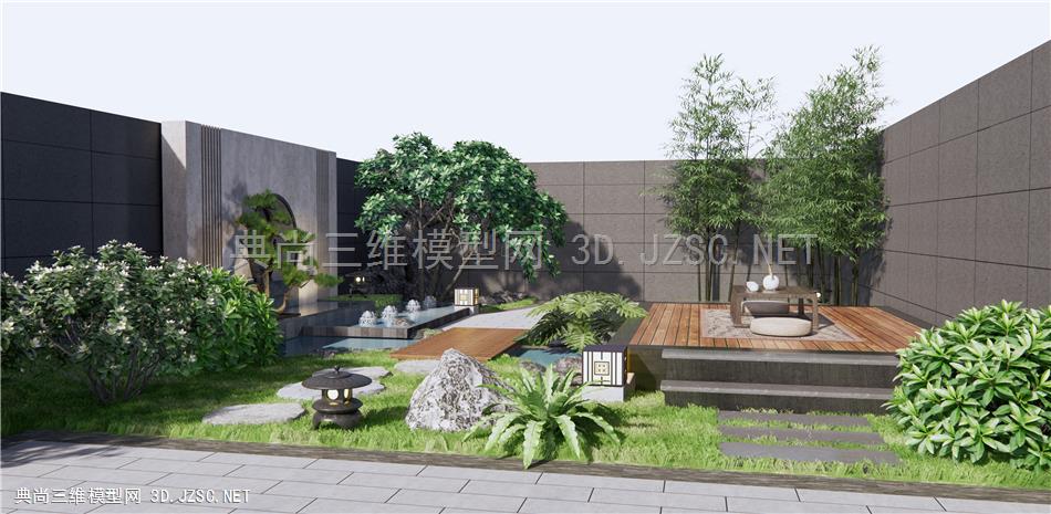 新中式庭院花园 流水景墙 假山水景 户外茶桌 景观树