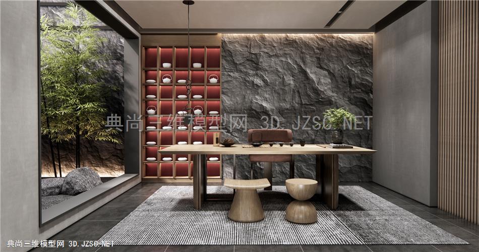 新中式茶室 茶桌椅 天井庭院小品 竹子石头