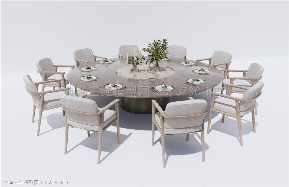 现代餐桌椅 圆形餐桌 花瓶 花艺 餐具