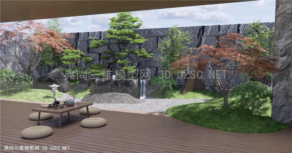 新中式庭院景观 泰山枯石 景墙围墙 石头松树 景观小品 茶室