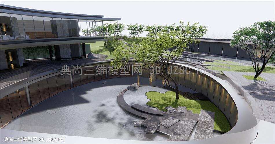 新中式示范区景观 大门入口 中庭水景 石头