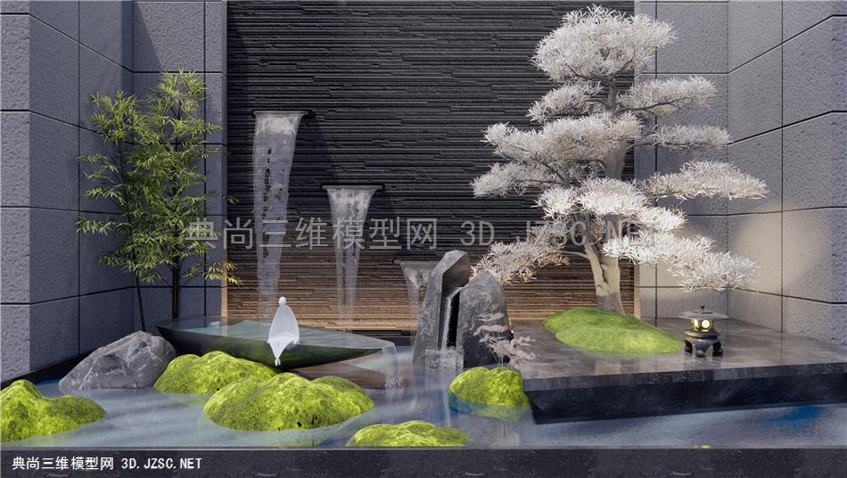 新中式跌水庭院小品 流水景墙 假山水景 石头 苔藓松树小品 竹子