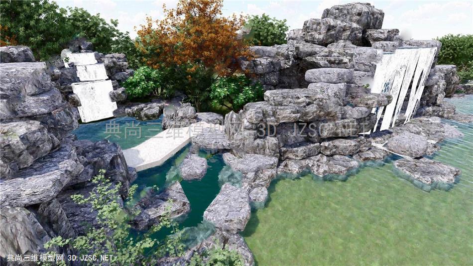 现代水景景墙 瀑布水幕 叠水 假山水石头7款模型