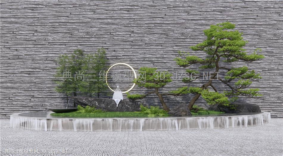 新中式跌水庭院小品 石头 假山 叠水景观 松树