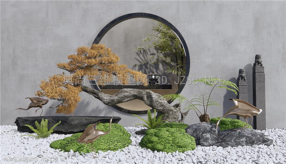 新中式庭院小品 石头 雕塑小品 苔藓植物 蕨类植物 肾蕨 松树