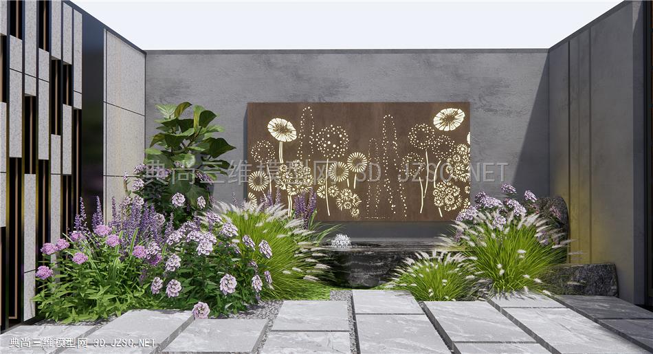 现代花草植物 植物堆 花境 庭院花园小品 薰衣草 耐候钢板 石头