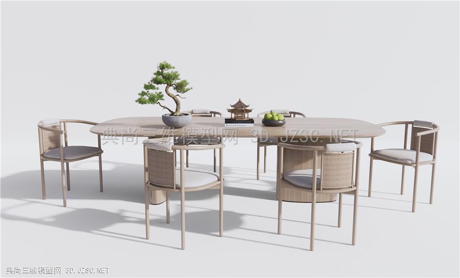 新中式餐桌椅 原木餐桌椅 藤编休闲椅