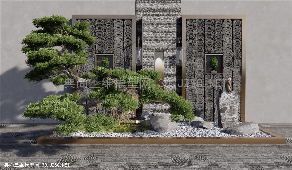 新中式松树景墙庭院小品 枯山石禅意景观 石头 中庭庭院小品 瓦片背景墙