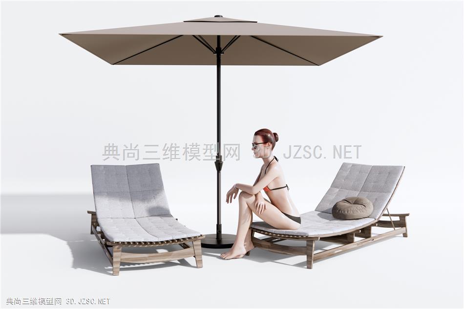 现代沙滩躺椅 遮阳伞 比基尼美女 遮阳伞
