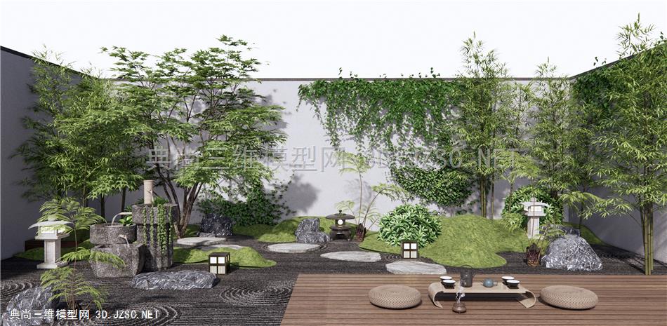 新中式禅意庭院景观 枯山水 石头 景石 爬山虎植物 枫树 竹子 茶台 茶桌椅