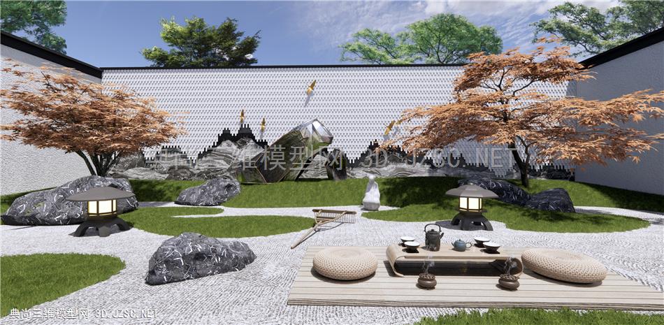 日式禅意庭院花园 枯山石 景墙 石头假山 景石 茶台 茶桌椅 红枫树