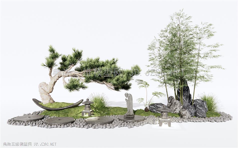 日式庭院园艺小品 禅意景观 枯山石 松树 竹子石头 汀步石