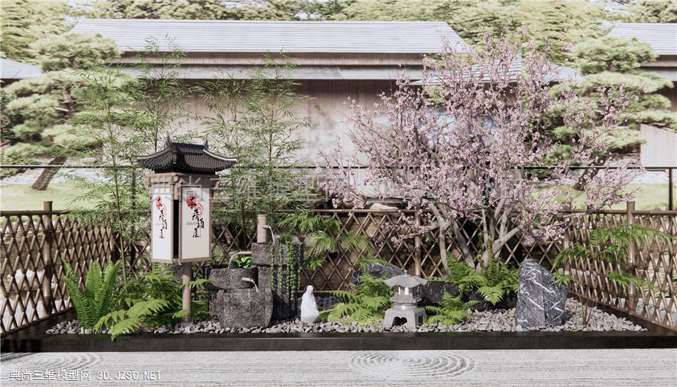 日式庭院景观小品 景观植物 跌水小品 蕨类植物 苔藓 樱花树 竹子围栏