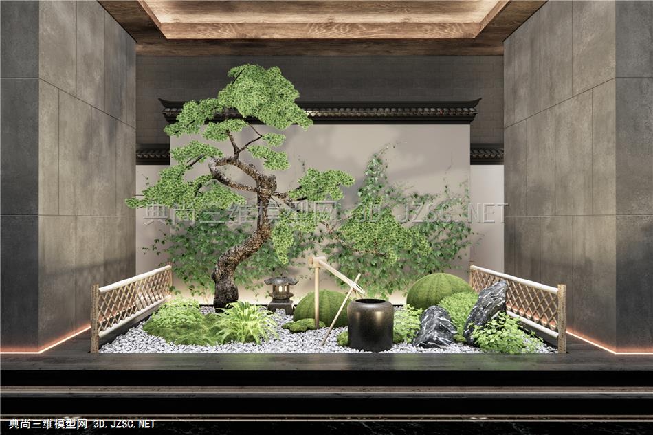新中式庭院小品 景墙 松树石头 蕨类植物 流水小品