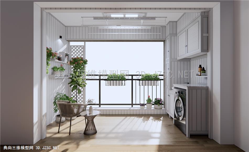 现代阳台 植物盆栽 吊篮 休闲桌椅 洗衣机柜 晾衣架