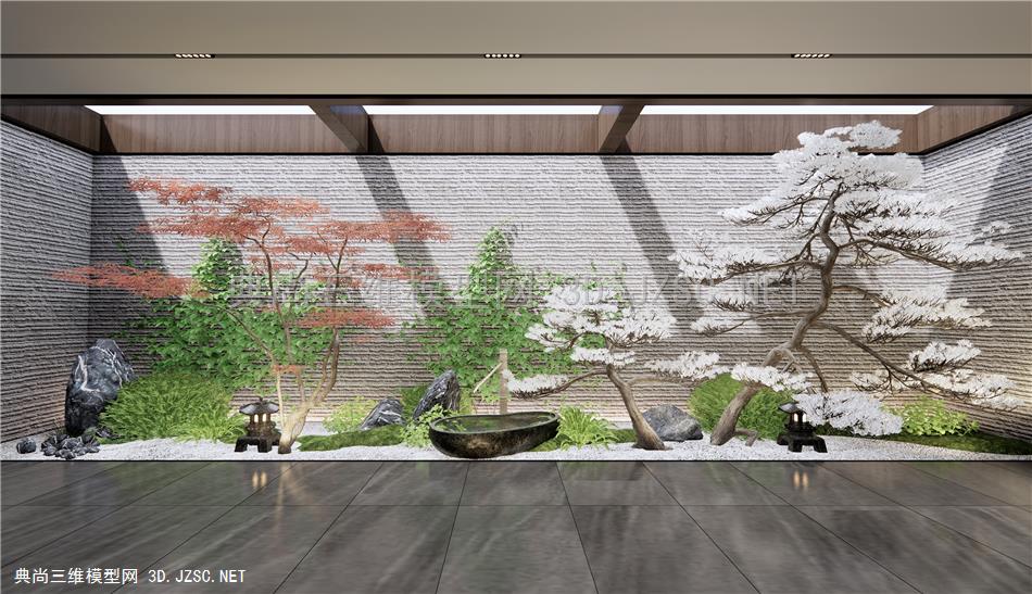 新中式庭院景观小品 室内中庭景观 枯山水 石头 松树 灌木绿植 爬山虎植物