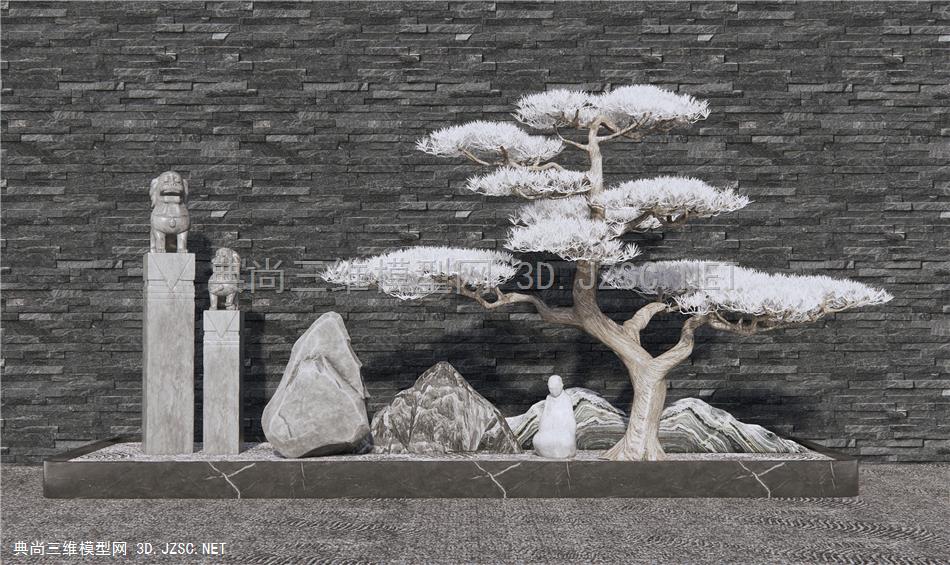 新中式禅意庭院小品 景石 石头 雪花石 松树 拴马柱